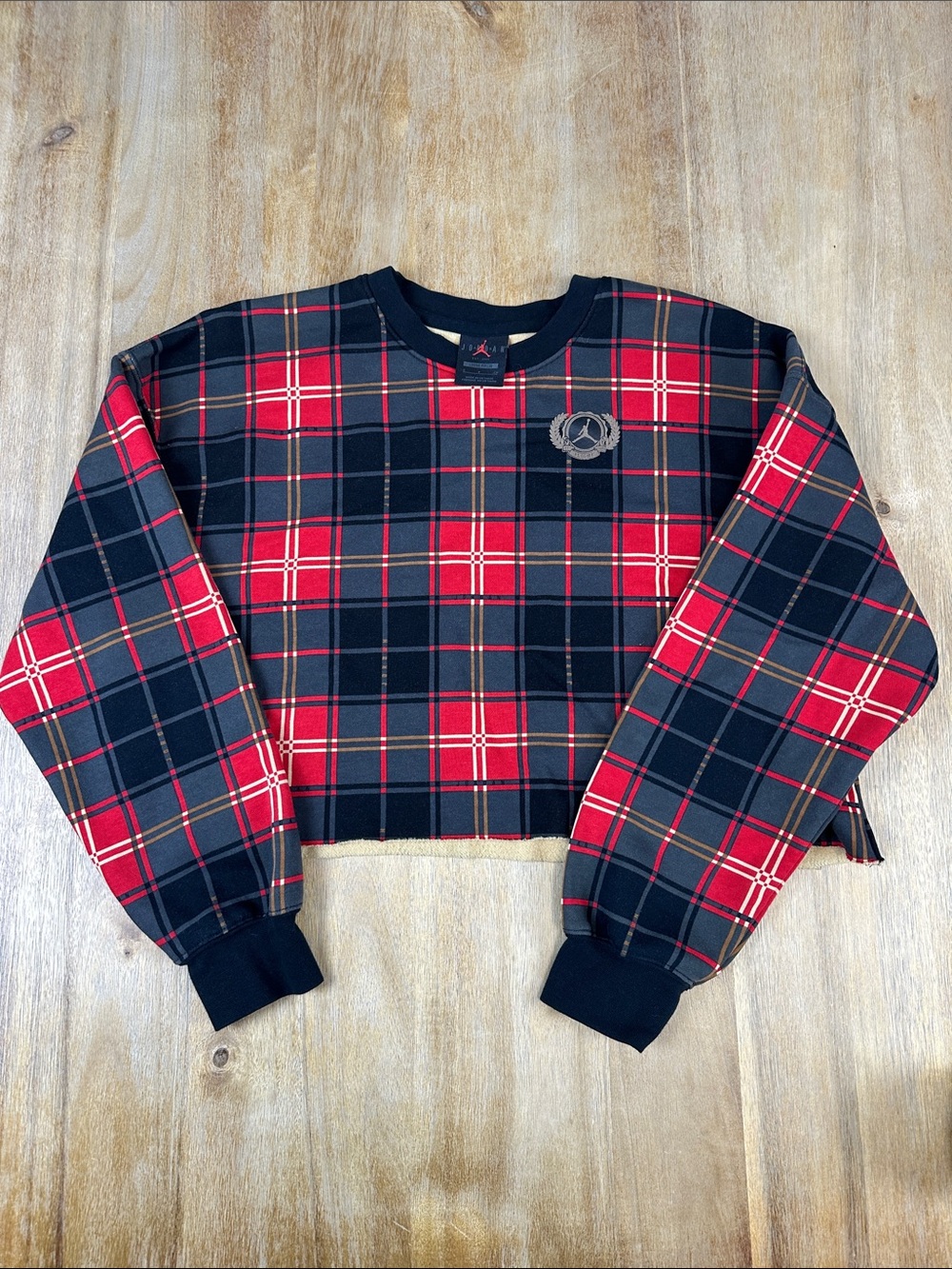 Jordan Brooklyn Plaid Fleece Distressed Cutoff Cropped Crewneck